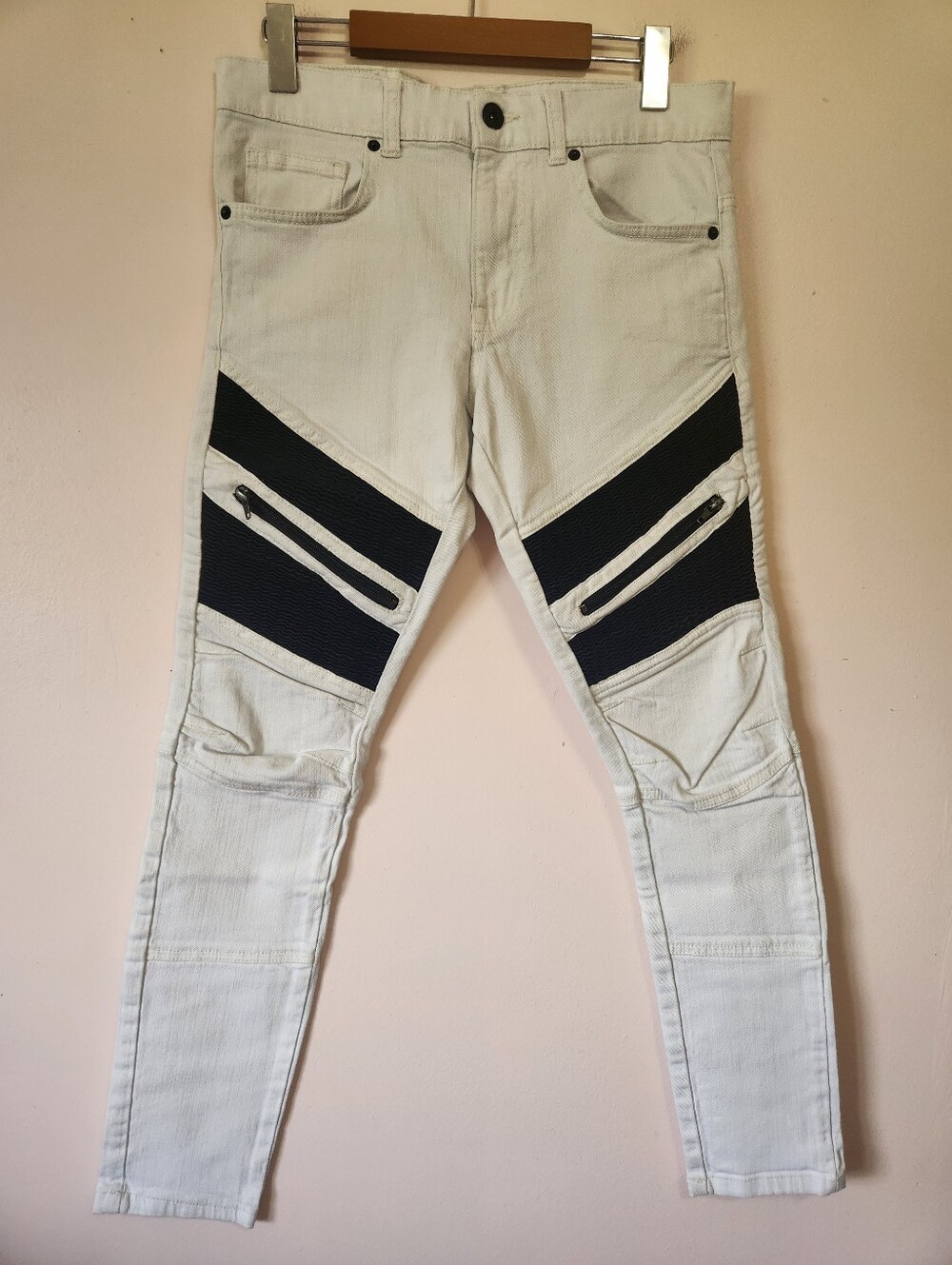 ZARA MAN White Contrast Panel Moto Biker Slim Jeans 30